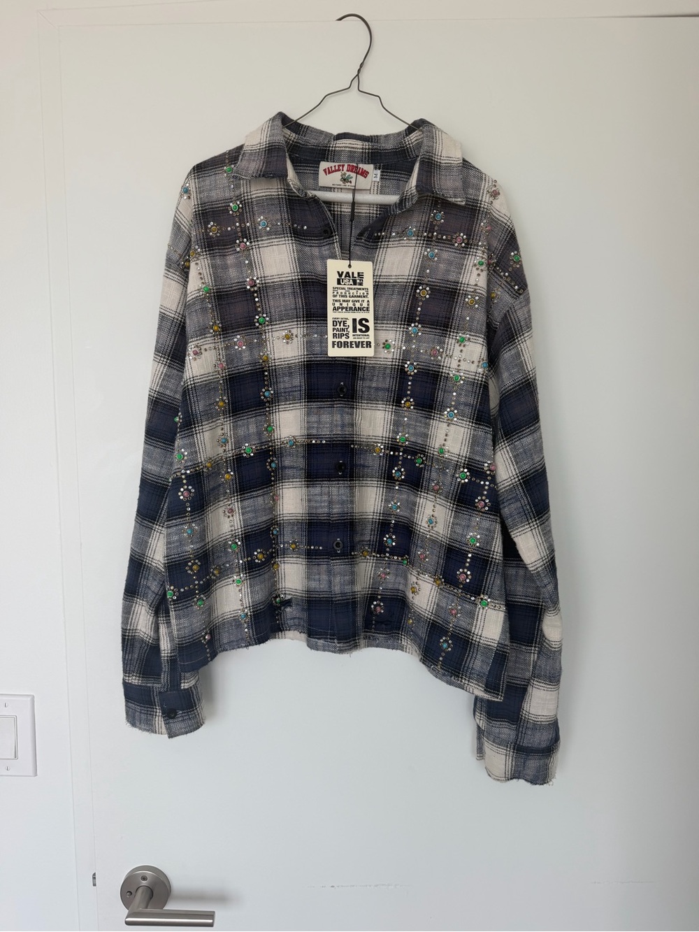 Plaid Jean Shirt Jacket in Navy & White with Embellishments